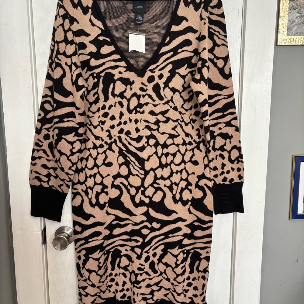 Source Unknown Animal Print Long Sleeve Dress - Black and Tan